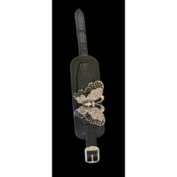 Black Leather Butterfly Bracelet Rhinestones & Adjustable Buckle Closure - Picture 4 of 5